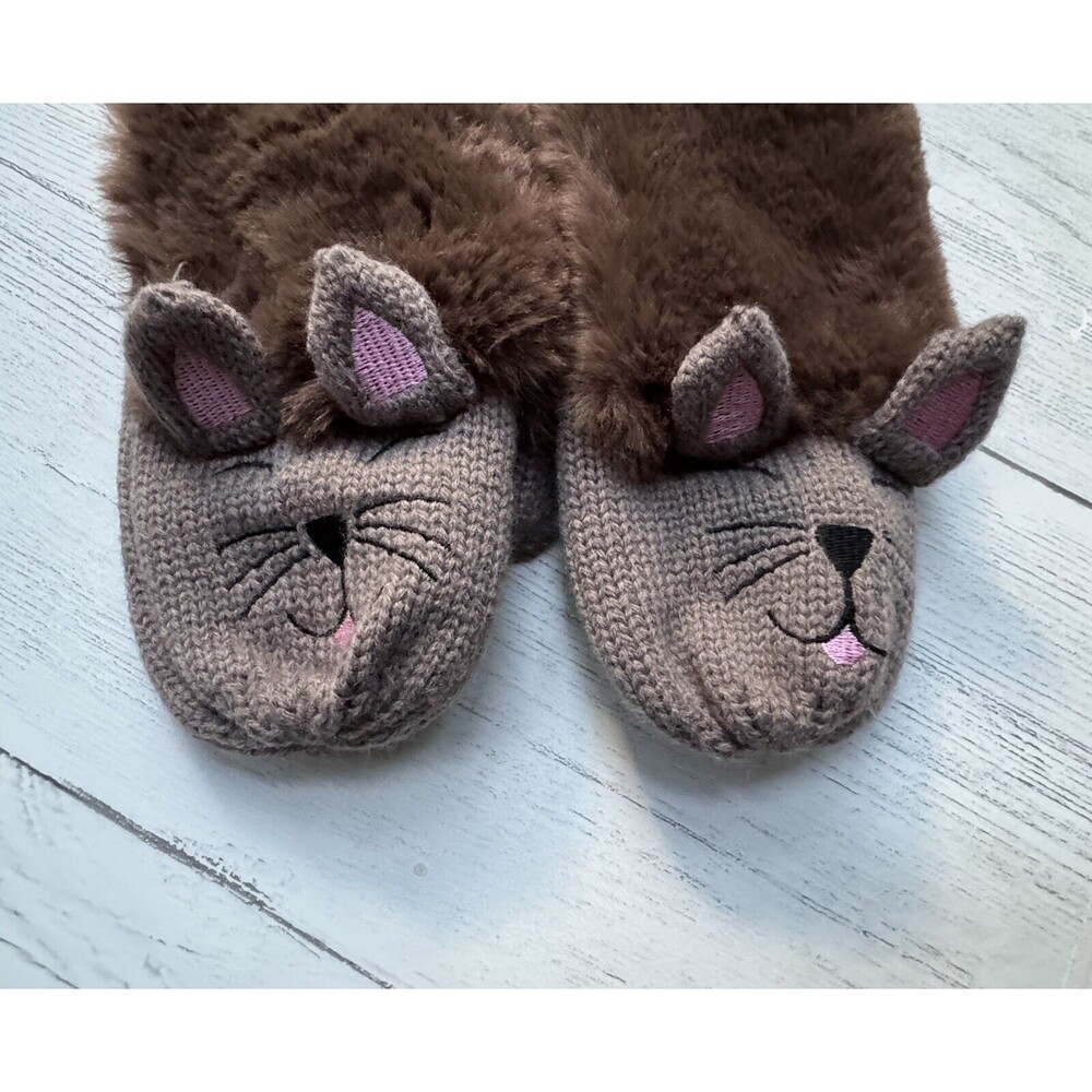 Cat Mittens Brown Cat Double Cuffs Faux Fur Embroidered NWOT - Picture 4 of 5